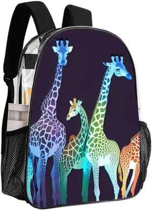 Men Women Transparent Colorful Giraffe Art Daypack Big Capacity Shoulder Bag With Smooth Zippers for Hiking Work Walking Cycling
