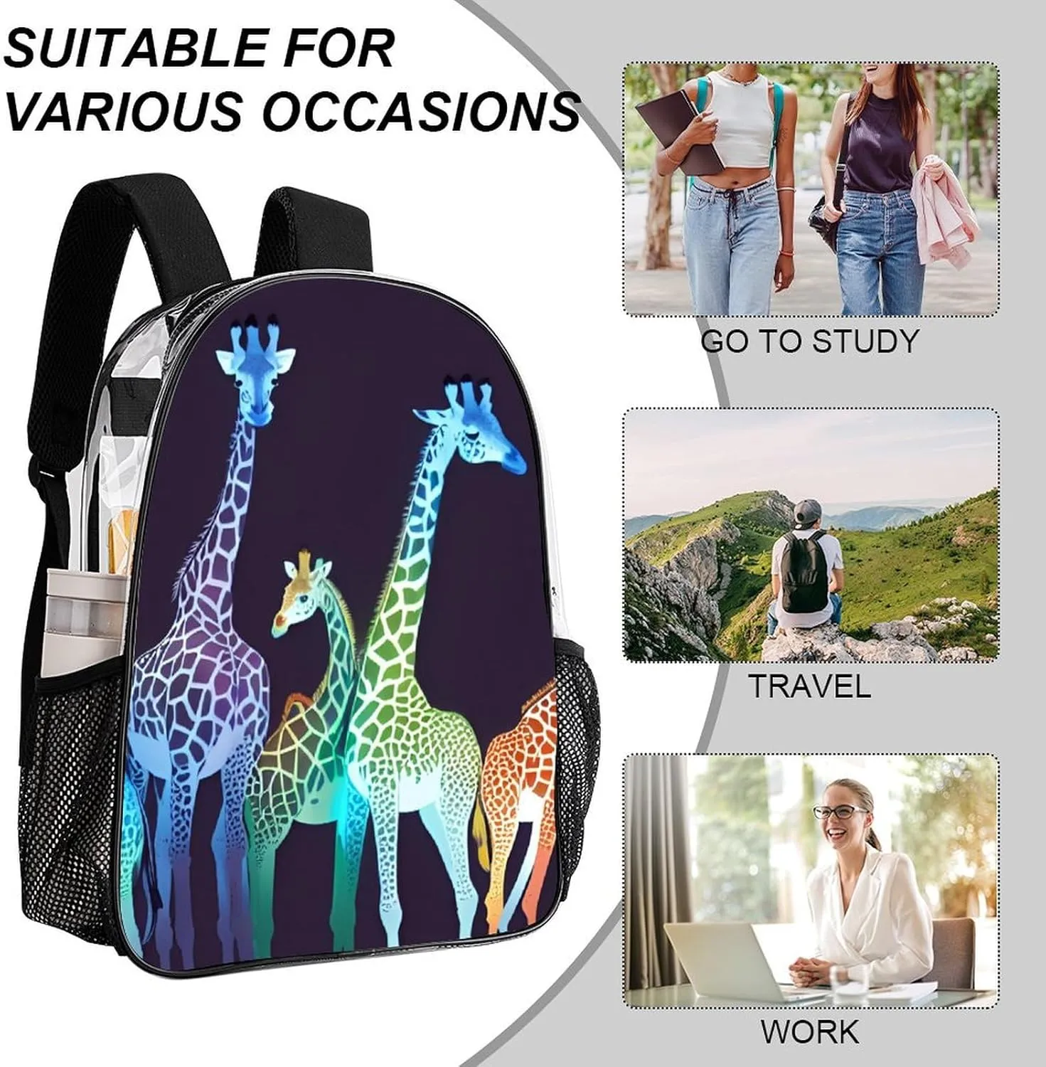 Men Women Transparent Colorful Giraffe Art Daypack Big Capacity Shoulder Bag With Smooth Zippers for Hiking Work Walking Cycling
