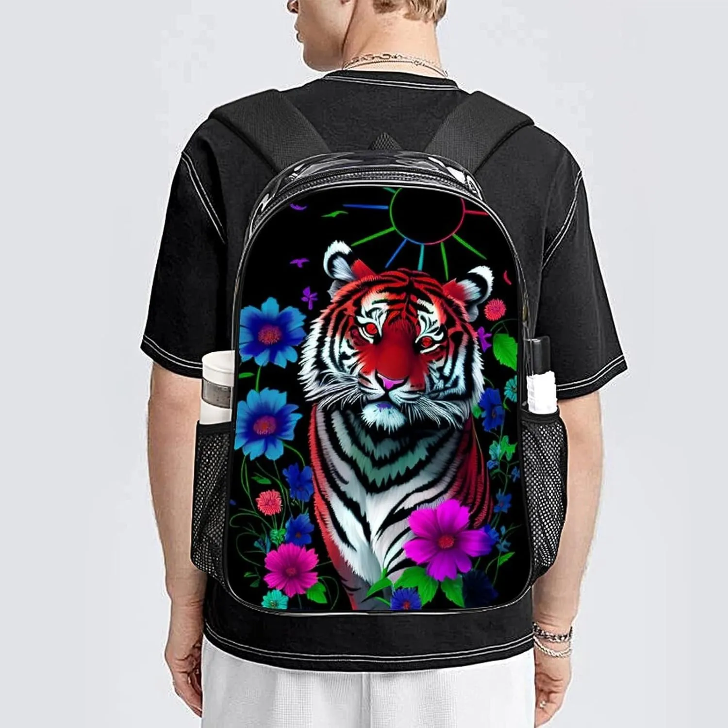 Men Women Transparent Trippy Tiger Animal Flower Art Casual Daypack Large Capacity Carry On Bag With Adjustable Shoulder Straps for Camping Work Running