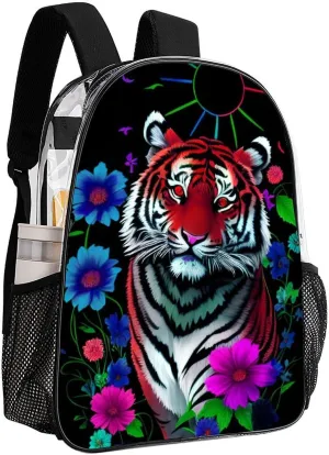 Men Women Transparent Trippy Tiger Animal Flower Art Casual Daypack Large Capacity Carry On Bag With Adjustable Shoulder Straps for Camping Work Running