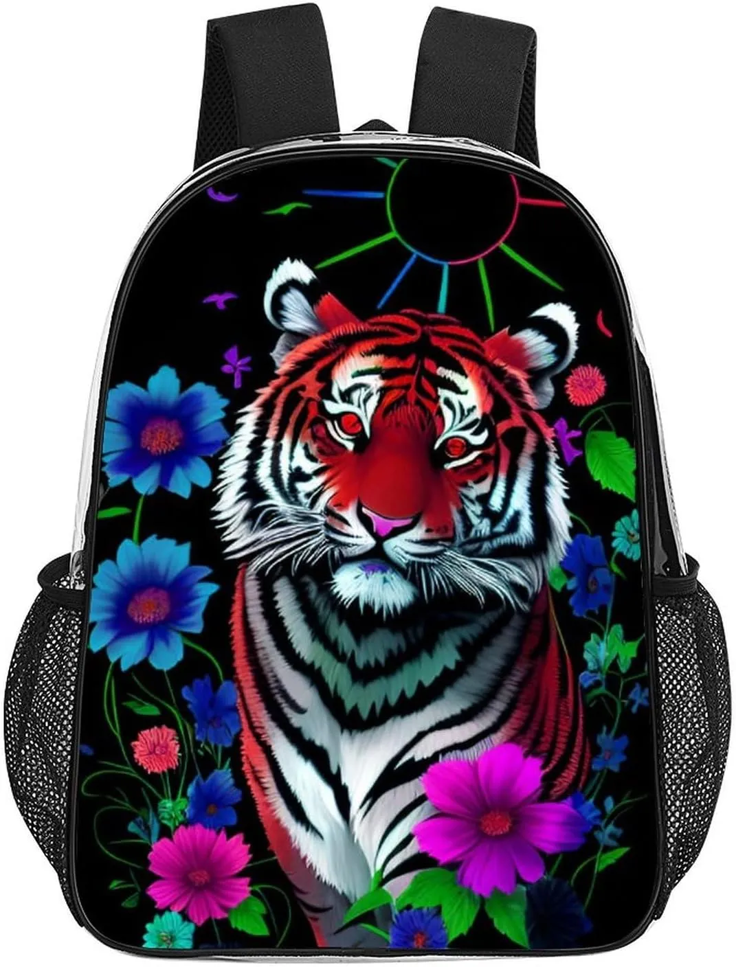 Men Women Transparent Trippy Tiger Animal Flower Art Casual Daypack Large Capacity Carry On Bag With Adjustable Shoulder Straps for Camping Work Running