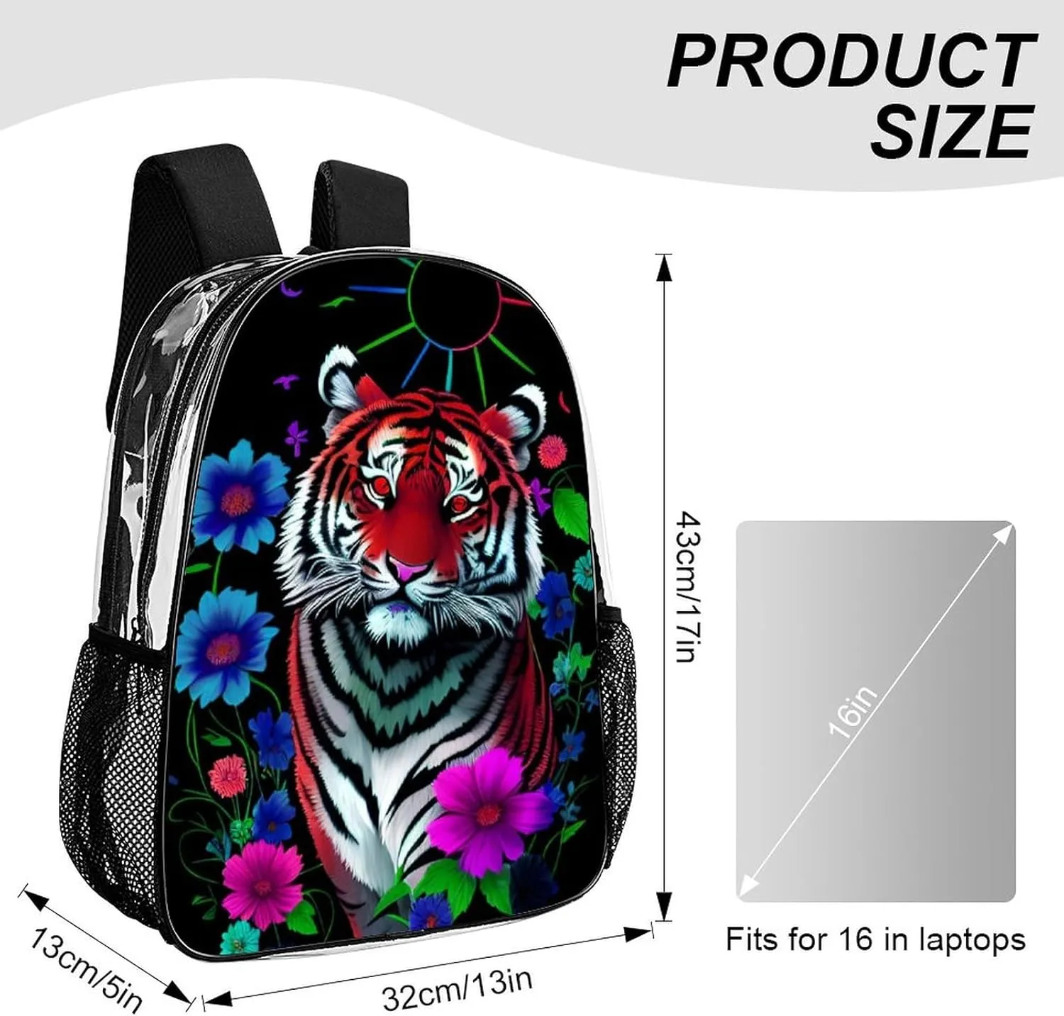 Men Women Transparent Trippy Tiger Animal Flower Art Casual Daypack Large Capacity Carry On Bag With Adjustable Shoulder Straps for Camping Work Running
