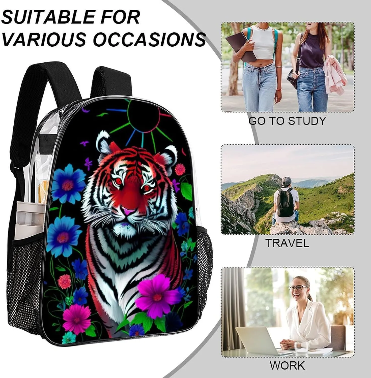 Men Women Transparent Trippy Tiger Animal Flower Art Casual Daypack Large Capacity Carry On Bag With Adjustable Shoulder Straps for Camping Work Running