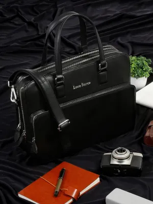 Men's Black Italian Leather Laptop Bag Multifunctional Executive Briefcase with Shoulder Strap