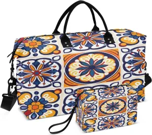 Mexican Floral Ceramic Print Travel Duffel Bag, Shoulder Weekender Overnight Bags - Large Gym Bag with Wet Pocket