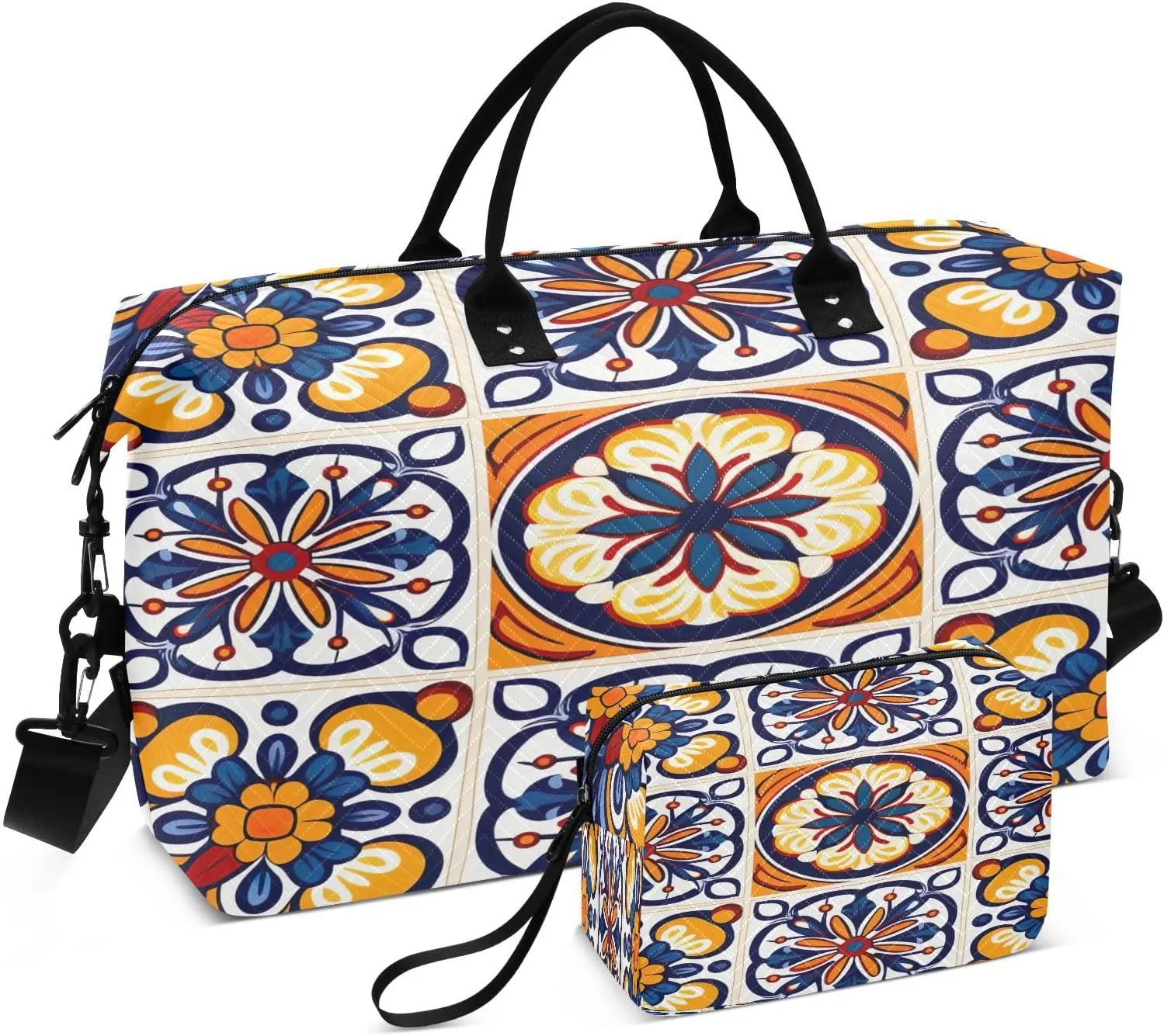 Mexican Floral Ceramic Print Travel Duffel Bag, Shoulder Weekender Overnight Bags - Large Gym Bag with Wet Pocket