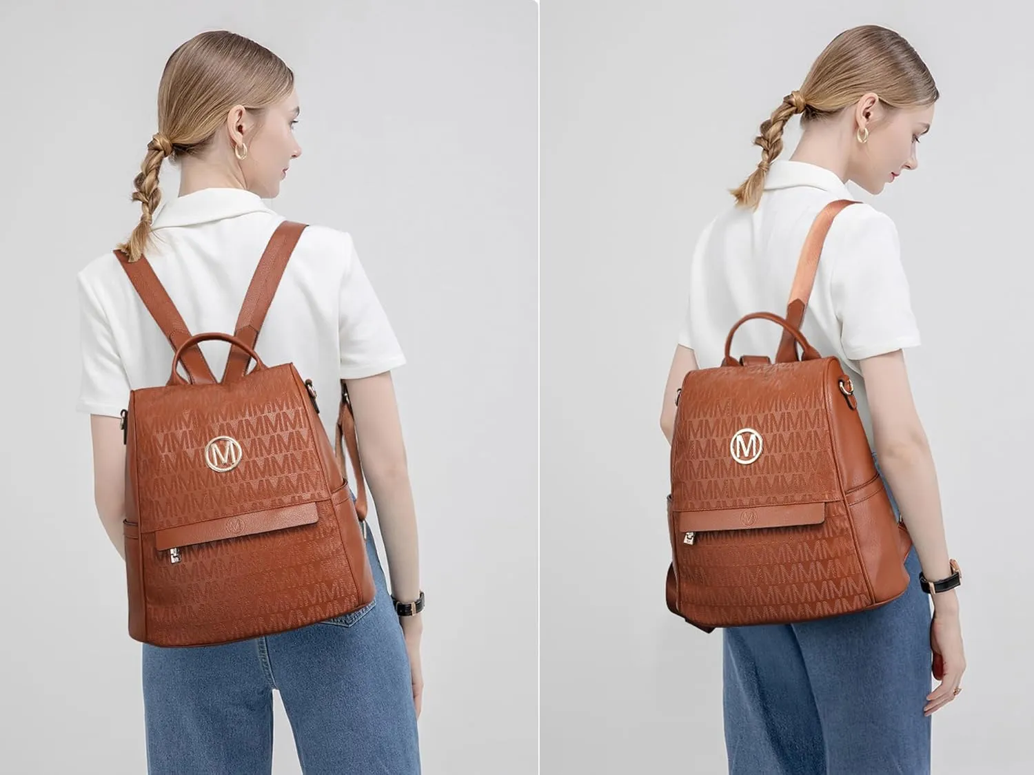 MKP Women Fashion Backpack Purse Multi Pockets Signature Anti-Theft Rucksack Travel Ladies Shoulder Bag Handbag 2Pcs