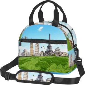 Monuments Of The World,Lunch Box for Women,Famous Historical Monuments of The World,Insulated Lunch Bag with Adjustable Shoulder Strap Lunch Tote Bag for Work,Picnic,Camping,Multicolor
