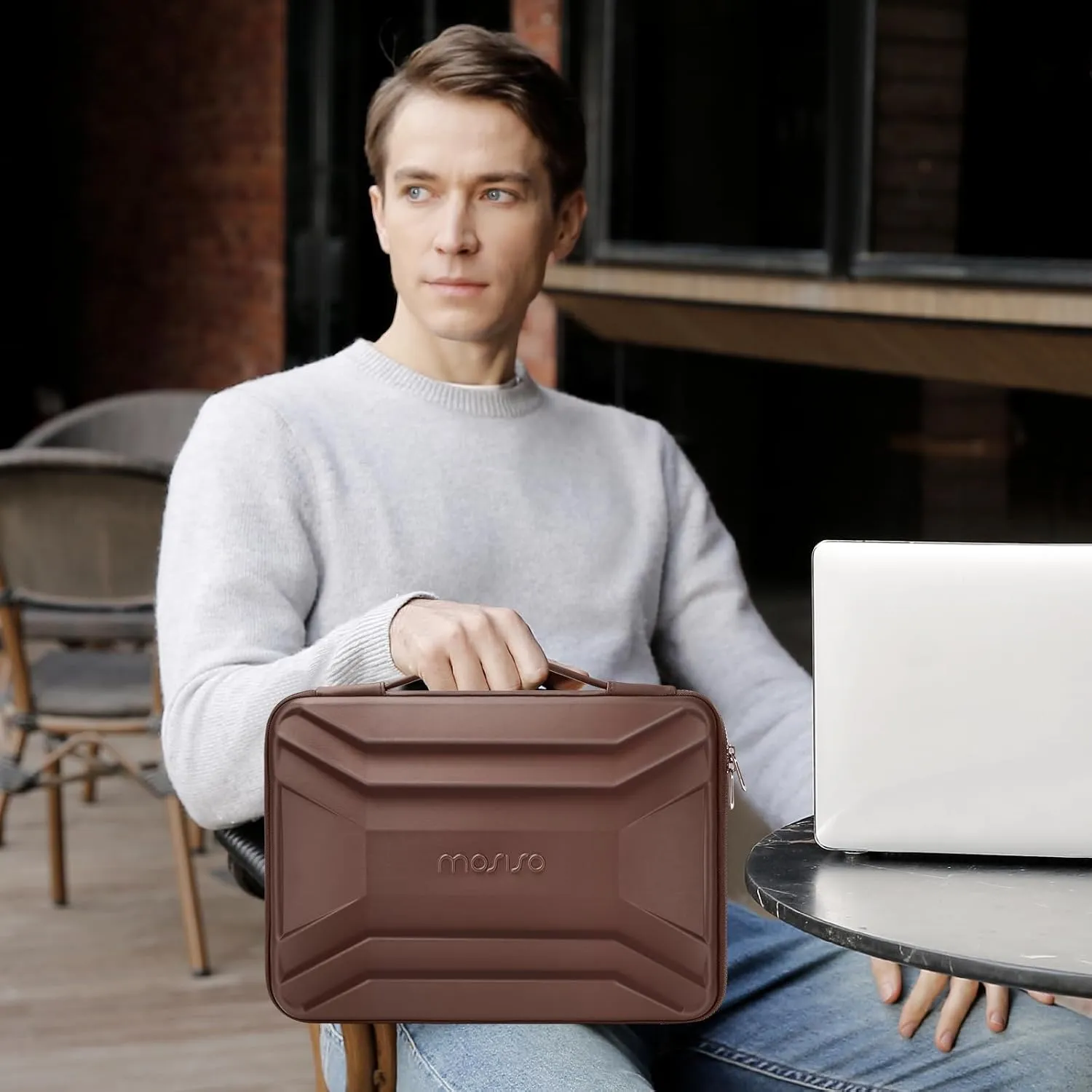 MOSISO 15-16 inch Laptop Hard Case, 15.6 inch Waterproof Shockproof Computer Bag Compatible with MacBook HP Dell, Symmetrical Trapezoid EVA Carrying Laptop Sleeve Hard Shell with Handle, Brown
