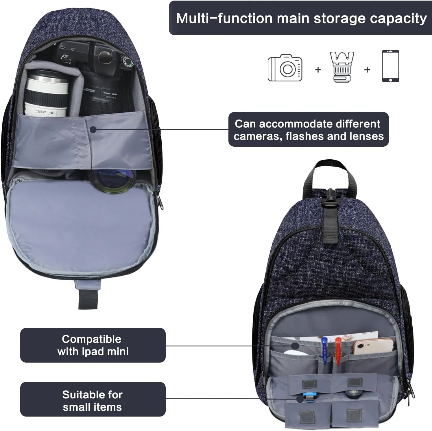 MOSISO Camera Bag Sling Backpack,DSLR/SLR/Mirrorless Photography Camera Case Crossbody Shoulder Bag with Tripod Holder&Rain Cover&Shoulder Straps Compatible with Canon/Nikon/Sony, Navy Blue