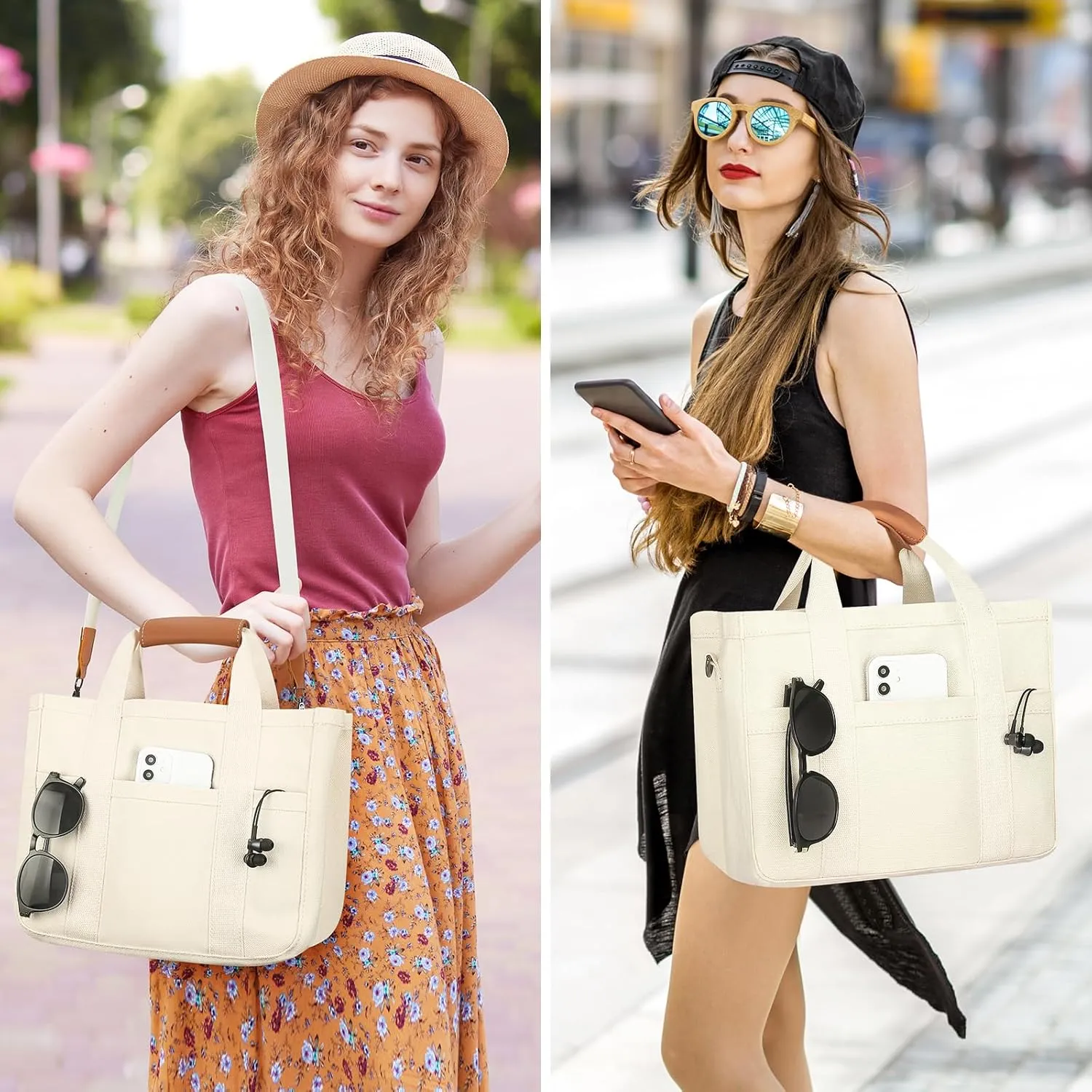 Mossio Large Canvas Tote Bag for Women with Multi Pockets - Laptop Crossbody Shoulder Handbag Everyday Tote with Compartments