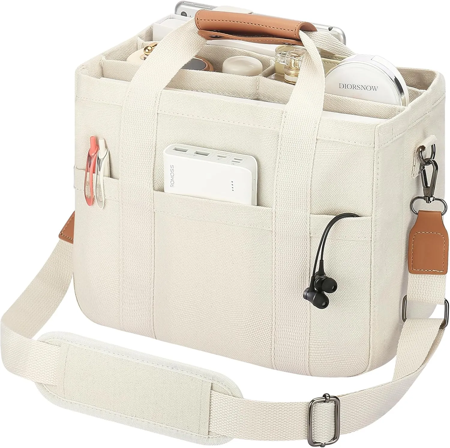 Mossio Large Canvas Tote Bag for Women with Multi Pockets - Laptop Crossbody Shoulder Handbag Everyday Tote with Compartments