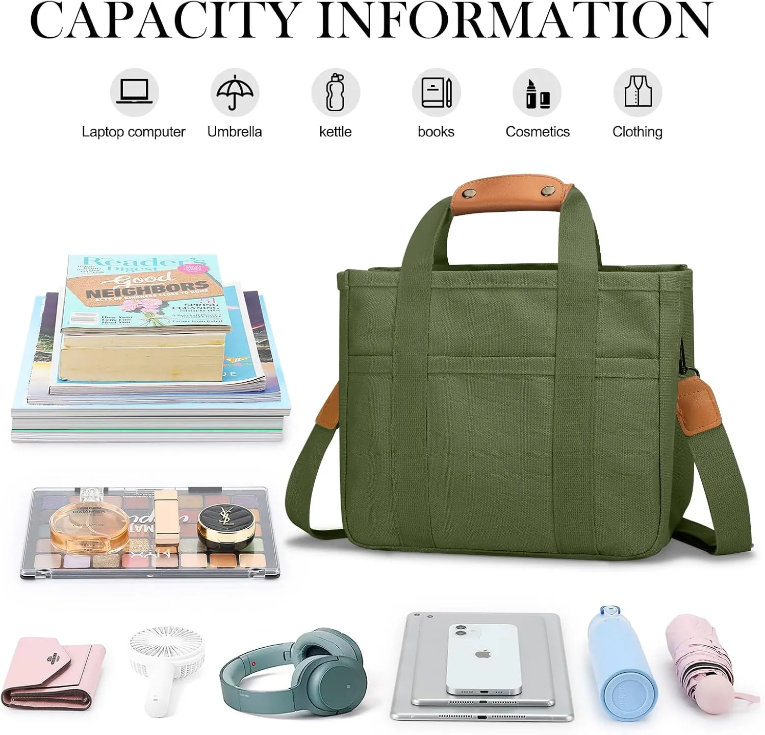 Mossio Large Canvas Tote Bag for Women with Multi Pockets - Laptop Crossbody Shoulder Handbag Everyday Tote with Compartments