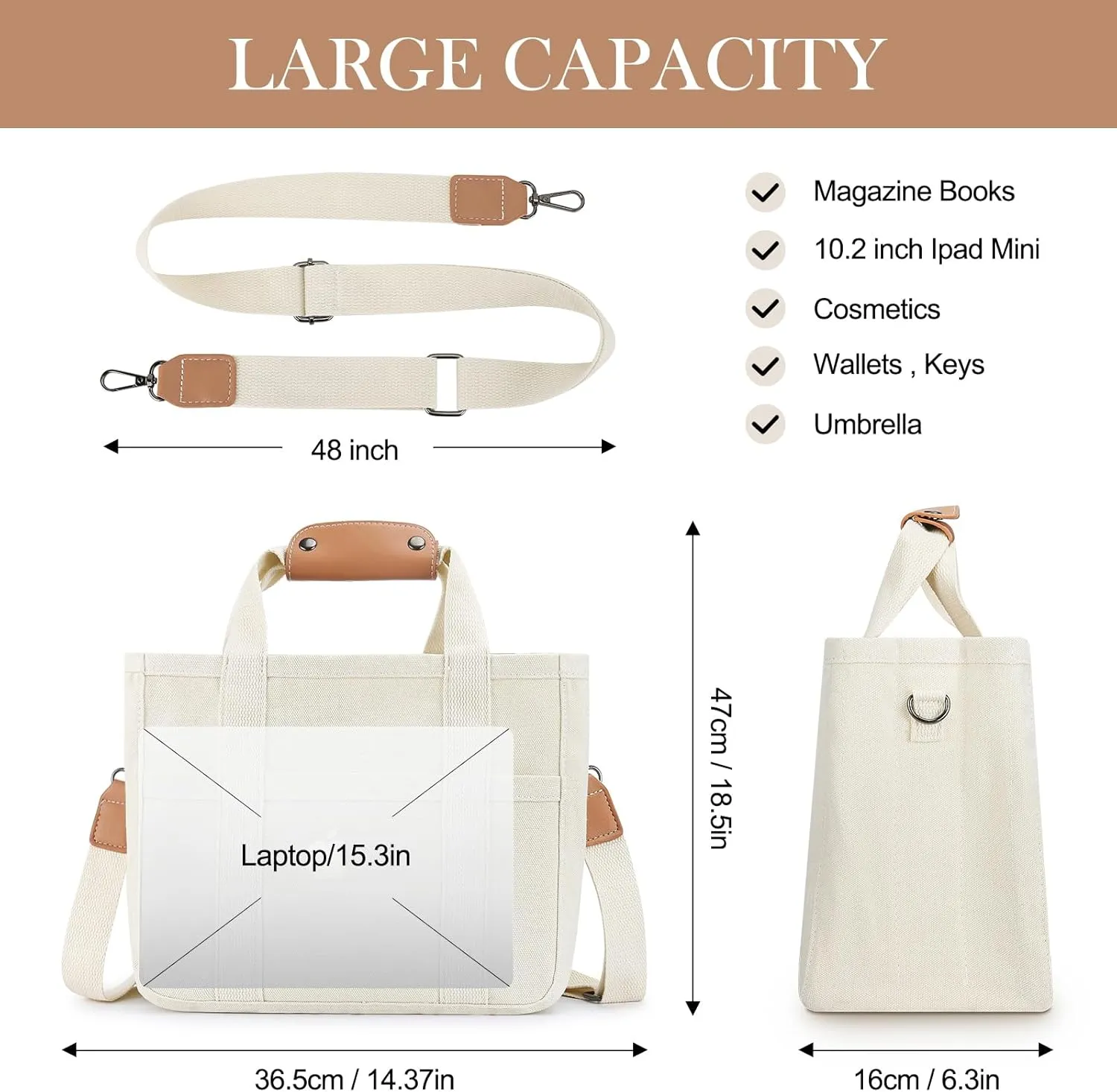Mossio Large Canvas Tote Bag for Women with Multi Pockets - Laptop Crossbody Shoulder Handbag Everyday Tote with Compartments