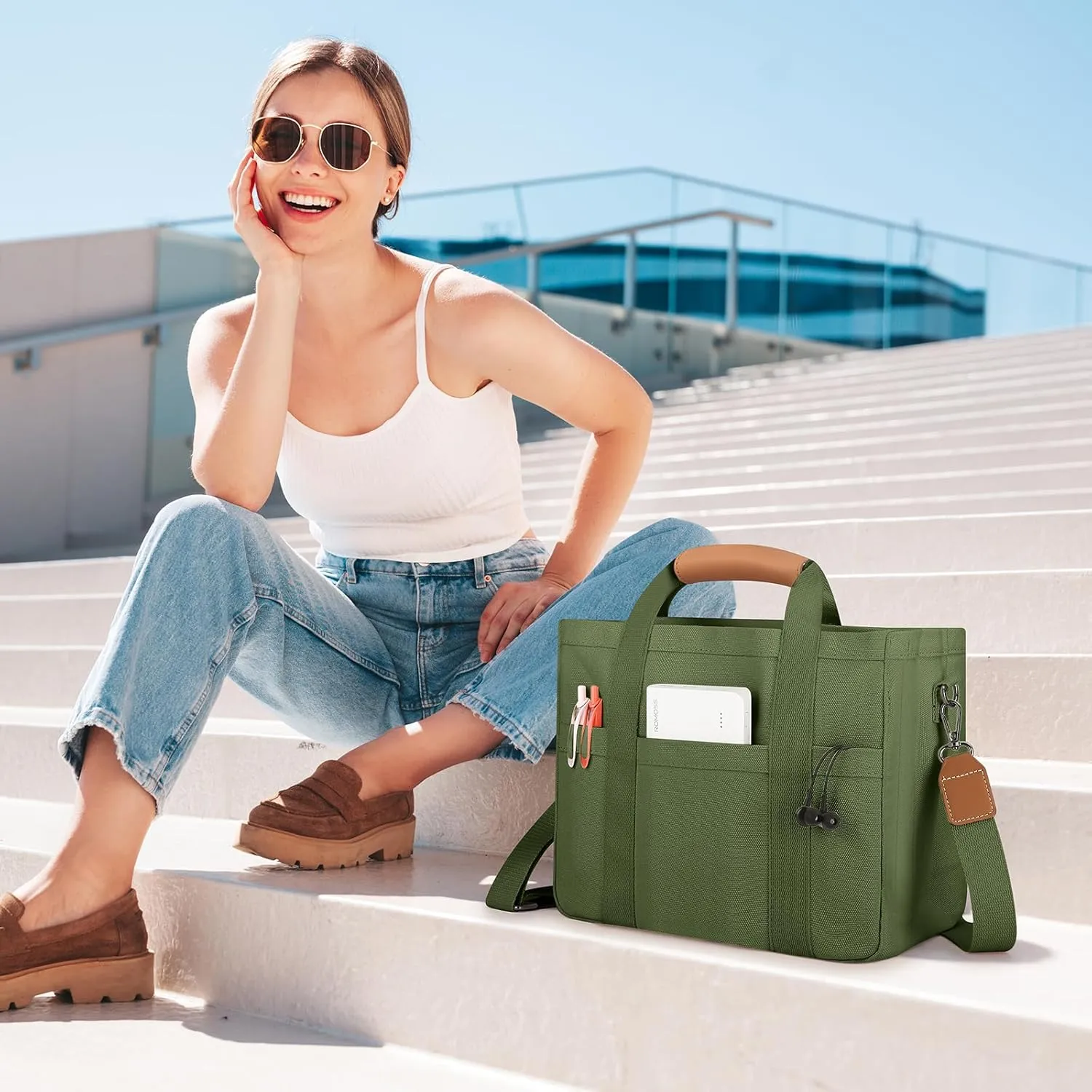 Mossio Large Canvas Tote Bag for Women with Multi Pockets - Laptop Crossbody Shoulder Handbag Everyday Tote with Compartments
