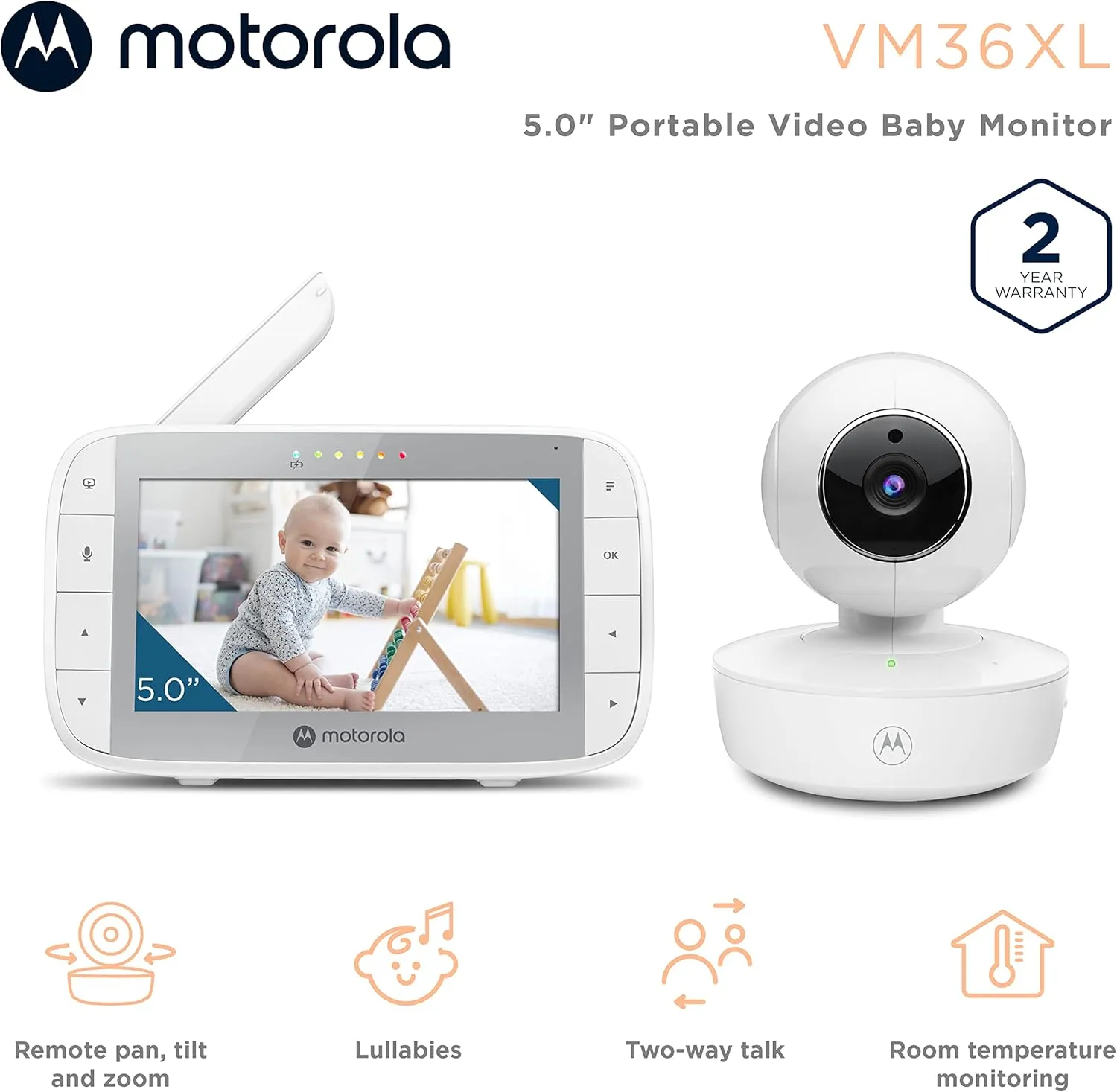 Motorola Nursery VM36XL Video Baby Monitor Camera, 1000ft Range no WiFi 2.4 GHz Wireless, 5" Screen, 2-Way Audio, Pan/Tilt/Zoom, Temp, Night Vision