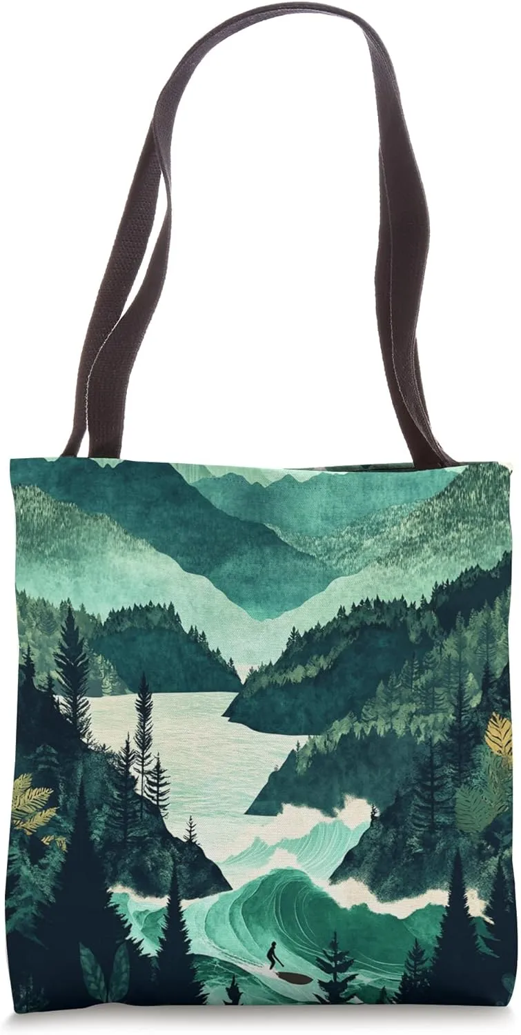 Mountainous Landscape With Surfer Adventure Tote Bag