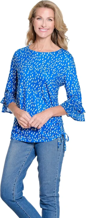 MULTIPLES Women's 3/4 Double Flounce Sleeve Drop Shoulder Bateau Neck Side Drawstring Top