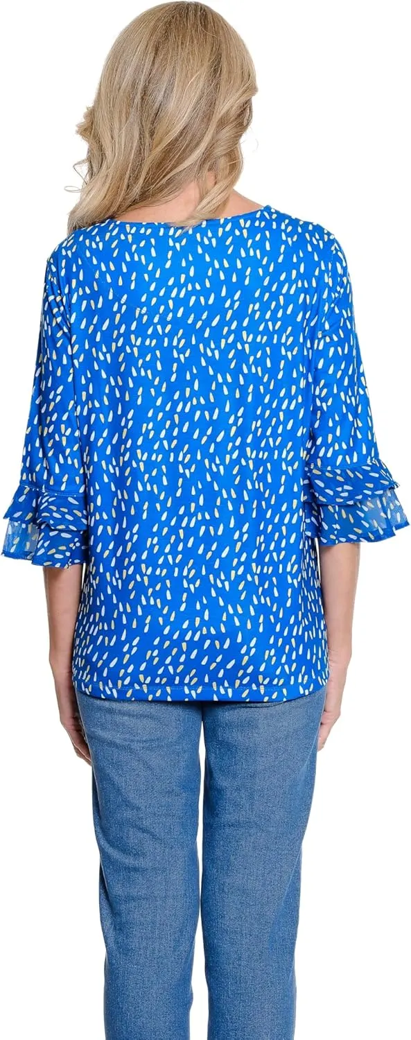 MULTIPLES Women's 3/4 Double Flounce Sleeve Drop Shoulder Bateau Neck Side Drawstring Top