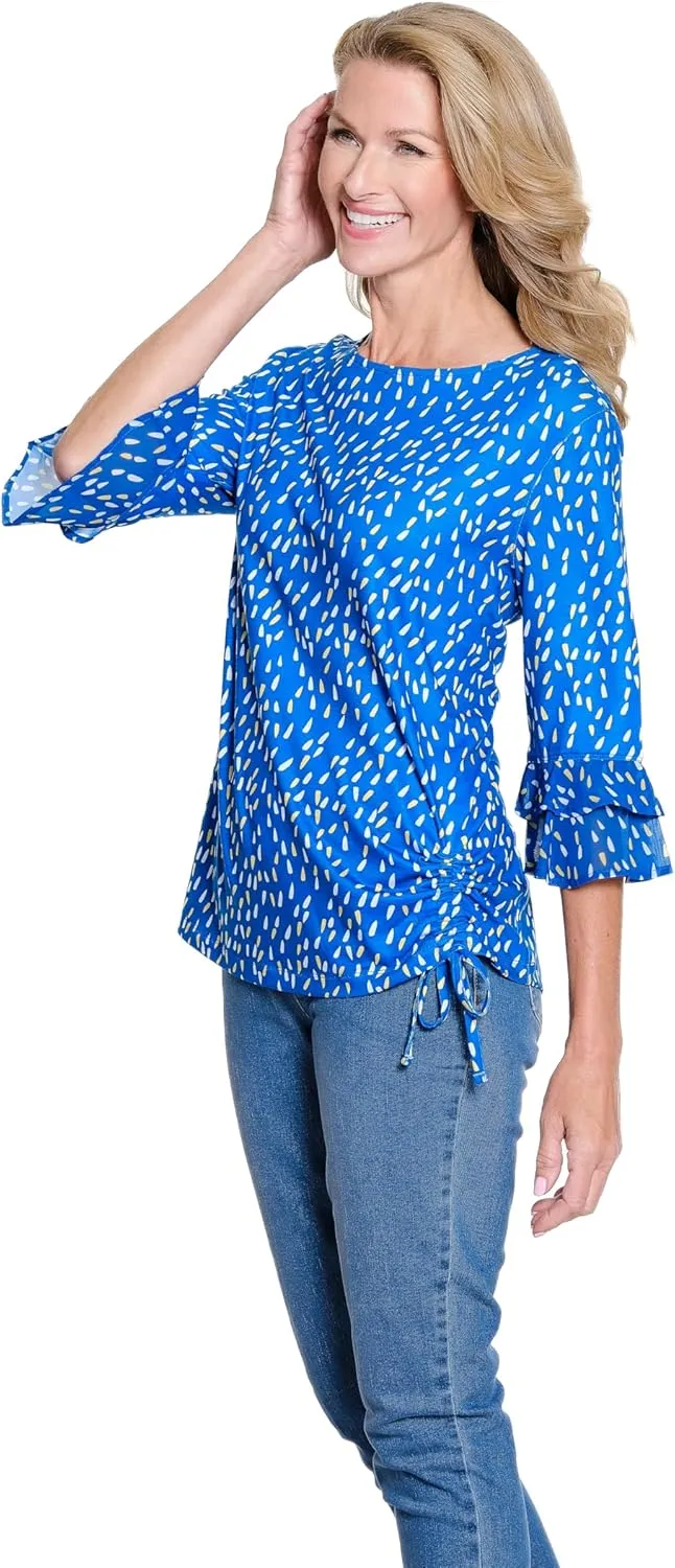 MULTIPLES Women's 3/4 Double Flounce Sleeve Drop Shoulder Bateau Neck Side Drawstring Top