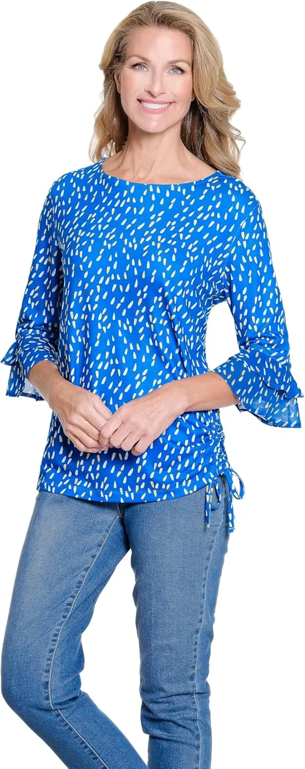 MULTIPLES Women's 3/4 Double Flounce Sleeve Drop Shoulder Bateau Neck Side Drawstring Top