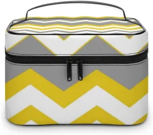 Mustard Yellow, Grey, White, Zig Zag Modern Cosmetic Bag, Travel Portable Makeup Bag for Purse Pouch Beauty Zipper Organizer Toiletry Bag for Women