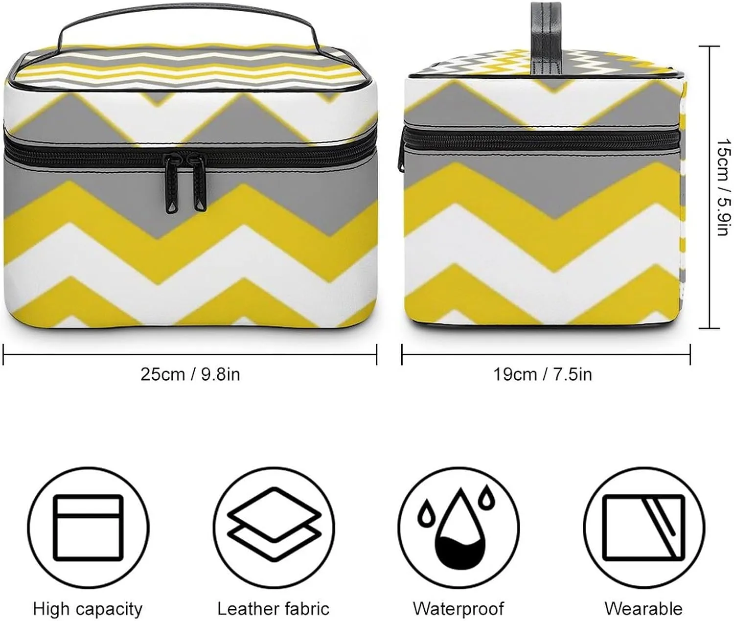 Mustard Yellow, Grey, White, Zig Zag Modern Cosmetic Bag, Travel Portable Makeup Bag for Purse Pouch Beauty Zipper Organizer Toiletry Bag for Women