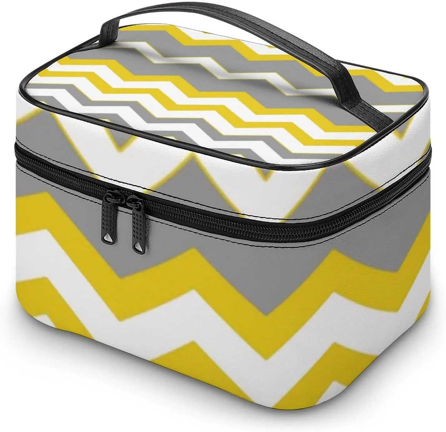 Mustard Yellow, Grey, White, Zig Zag Modern Cosmetic Bag, Travel Portable Makeup Bag for Purse Pouch Beauty Zipper Organizer Toiletry Bag for Women