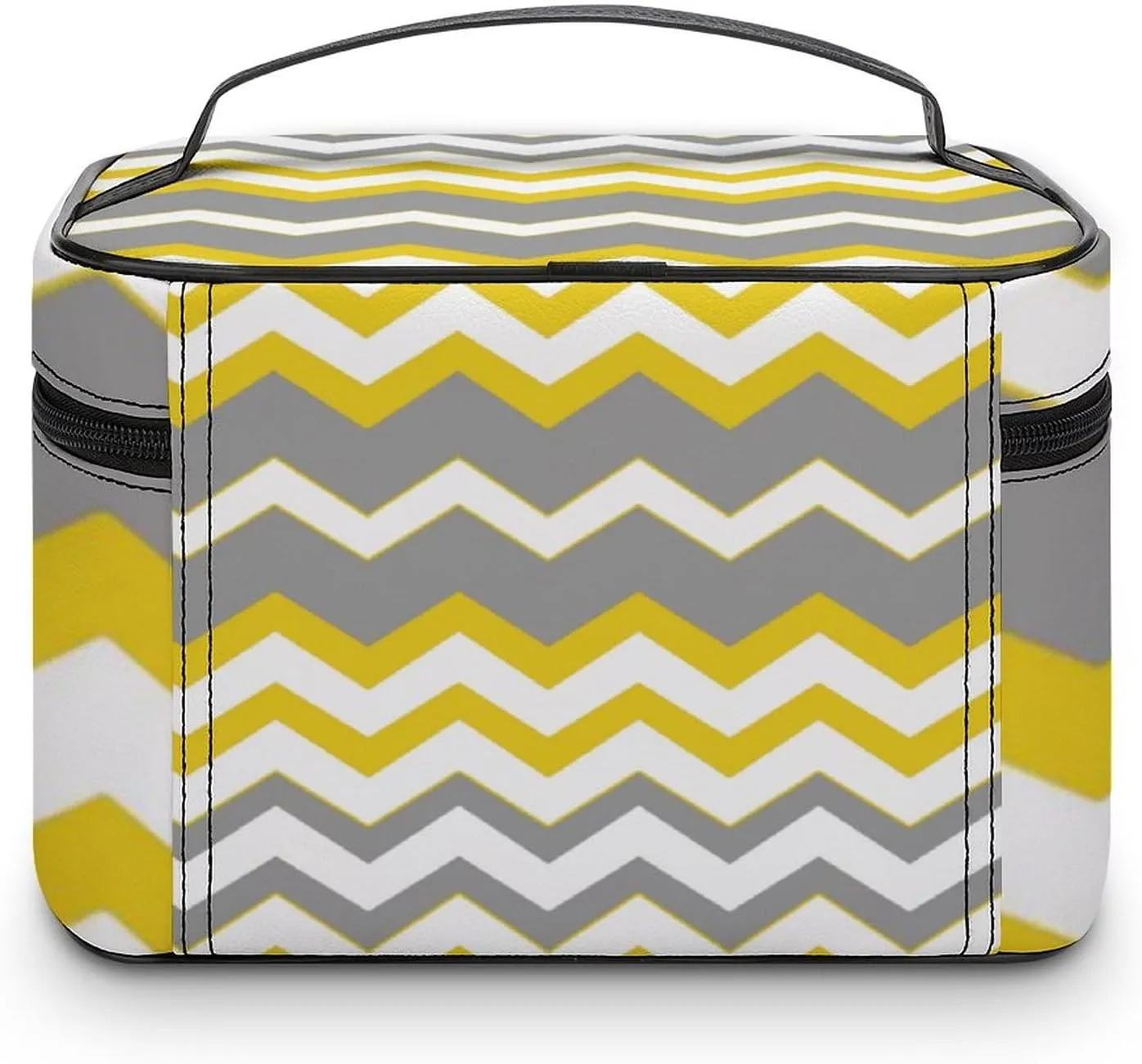 Mustard Yellow, Grey, White, Zig Zag Modern Cosmetic Bag, Travel Portable Makeup Bag for Purse Pouch Beauty Zipper Organizer Toiletry Bag for Women