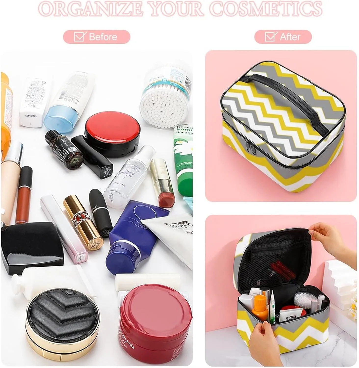 Mustard Yellow, Grey, White, Zig Zag Modern Cosmetic Bag, Travel Portable Makeup Bag for Purse Pouch Beauty Zipper Organizer Toiletry Bag for Women