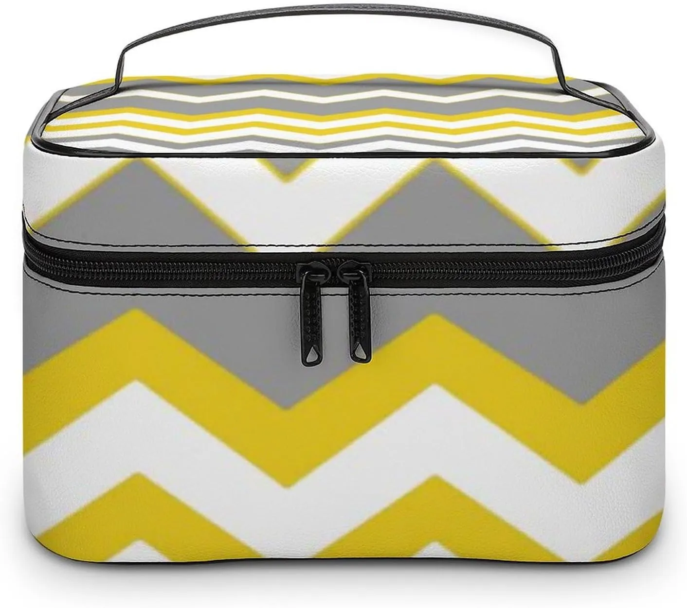 Mustard Yellow, Grey, White, Zig Zag Modern Cosmetic Bag, Travel Portable Makeup Bag for Purse Pouch Beauty Zipper Organizer Toiletry Bag for Women