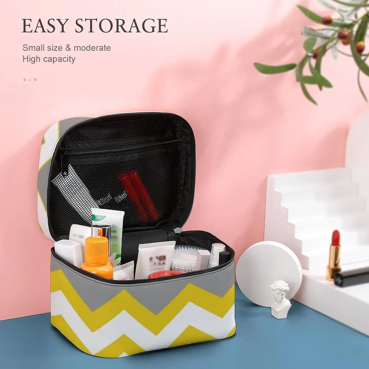 Mustard Yellow, Grey, White, Zig Zag Modern Cosmetic Bag, Travel Portable Makeup Bag for Purse Pouch Beauty Zipper Organizer Toiletry Bag for Women