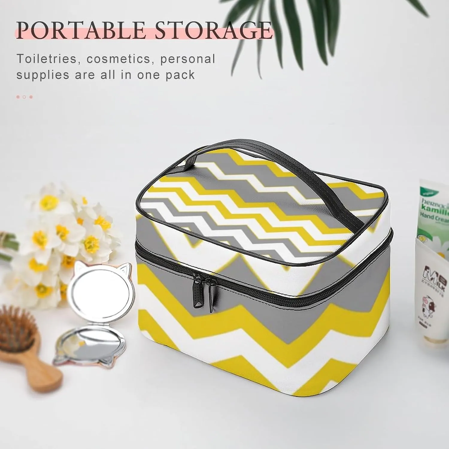 Mustard Yellow, Grey, White, Zig Zag Modern Cosmetic Bag, Travel Portable Makeup Bag for Purse Pouch Beauty Zipper Organizer Toiletry Bag for Women