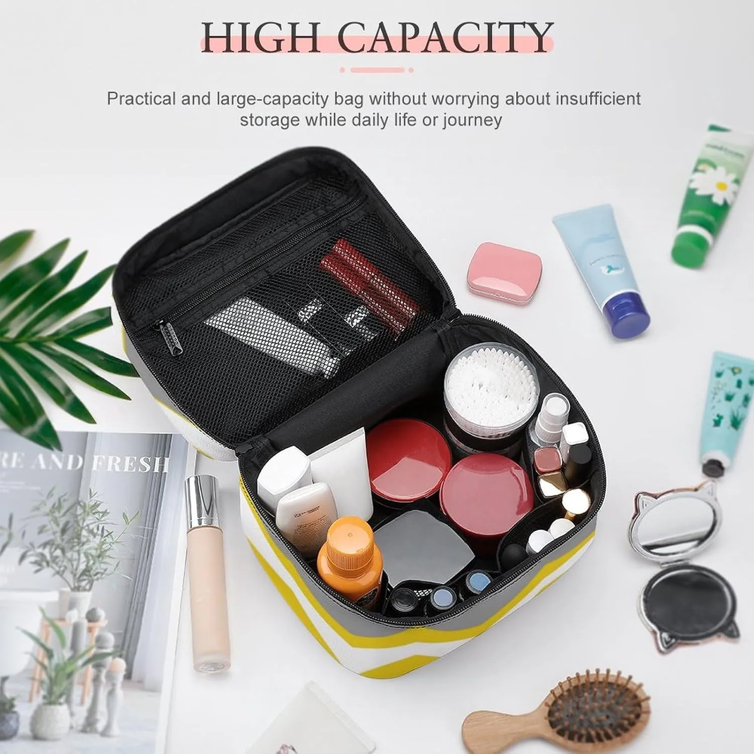 Mustard Yellow, Grey, White, Zig Zag Modern Cosmetic Bag, Travel Portable Makeup Bag for Purse Pouch Beauty Zipper Organizer Toiletry Bag for Women