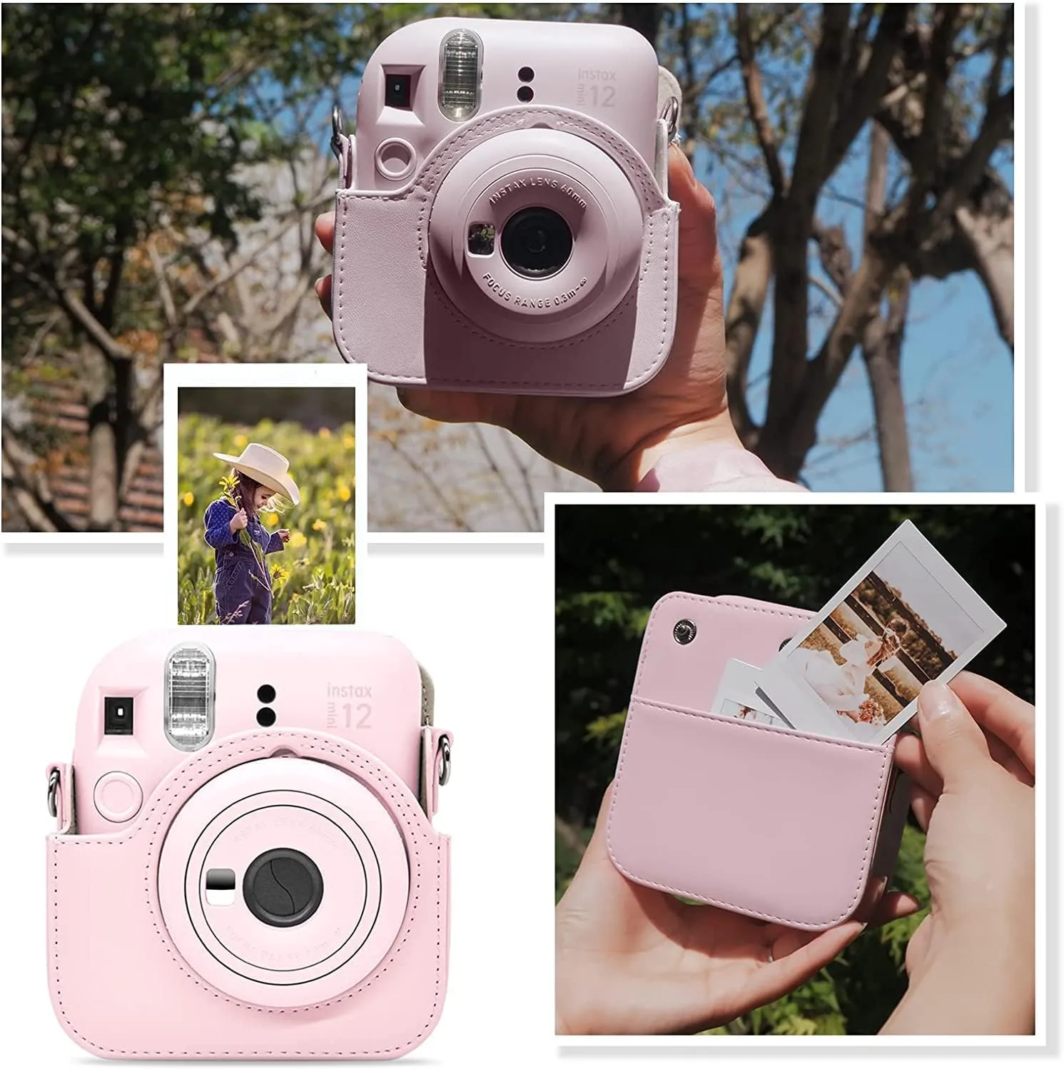 MUZIRI KINOKOO Case for Fuji Instax Mini 12 Instant Camera - PU Leather Fuji Mini 12 Camera Case Bag with Photo Pocket - In stax Mini 12 Case Adjustable Shoulder Strap - Blossom Pink