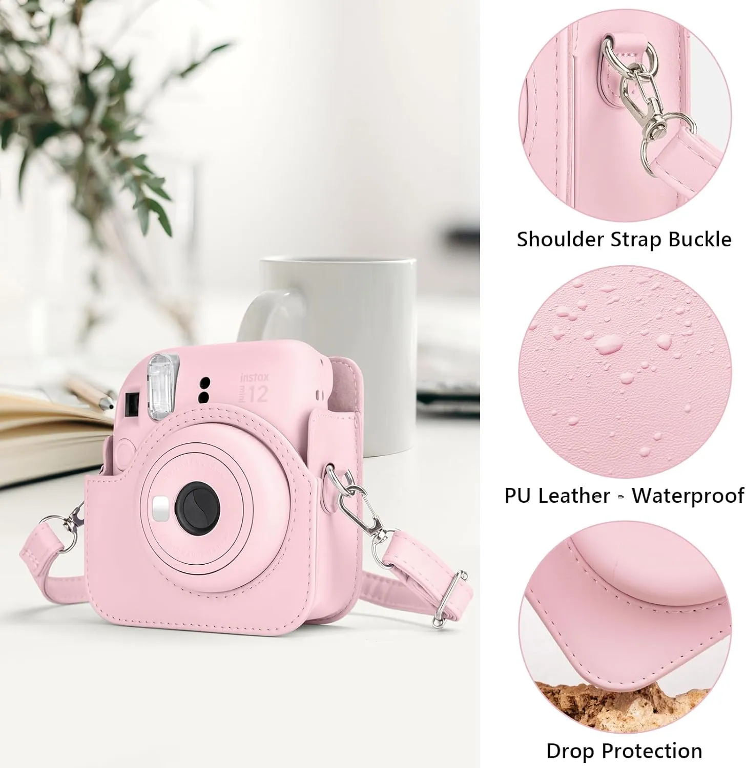 MUZIRI KINOKOO Case for Fuji Instax Mini 12 Instant Camera - PU Leather Fuji Mini 12 Camera Case Bag with Photo Pocket - In stax Mini 12 Case Adjustable Shoulder Strap - Blossom Pink