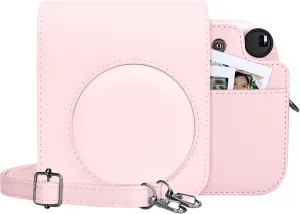 MUZIRI KINOKOO Case for Fuji Instax Mini 12 Instant Camera - PU Leather Fuji Mini 12 Camera Case Bag with Photo Pocket - In stax Mini 12 Case Adjustable Shoulder Strap - Blossom Pink