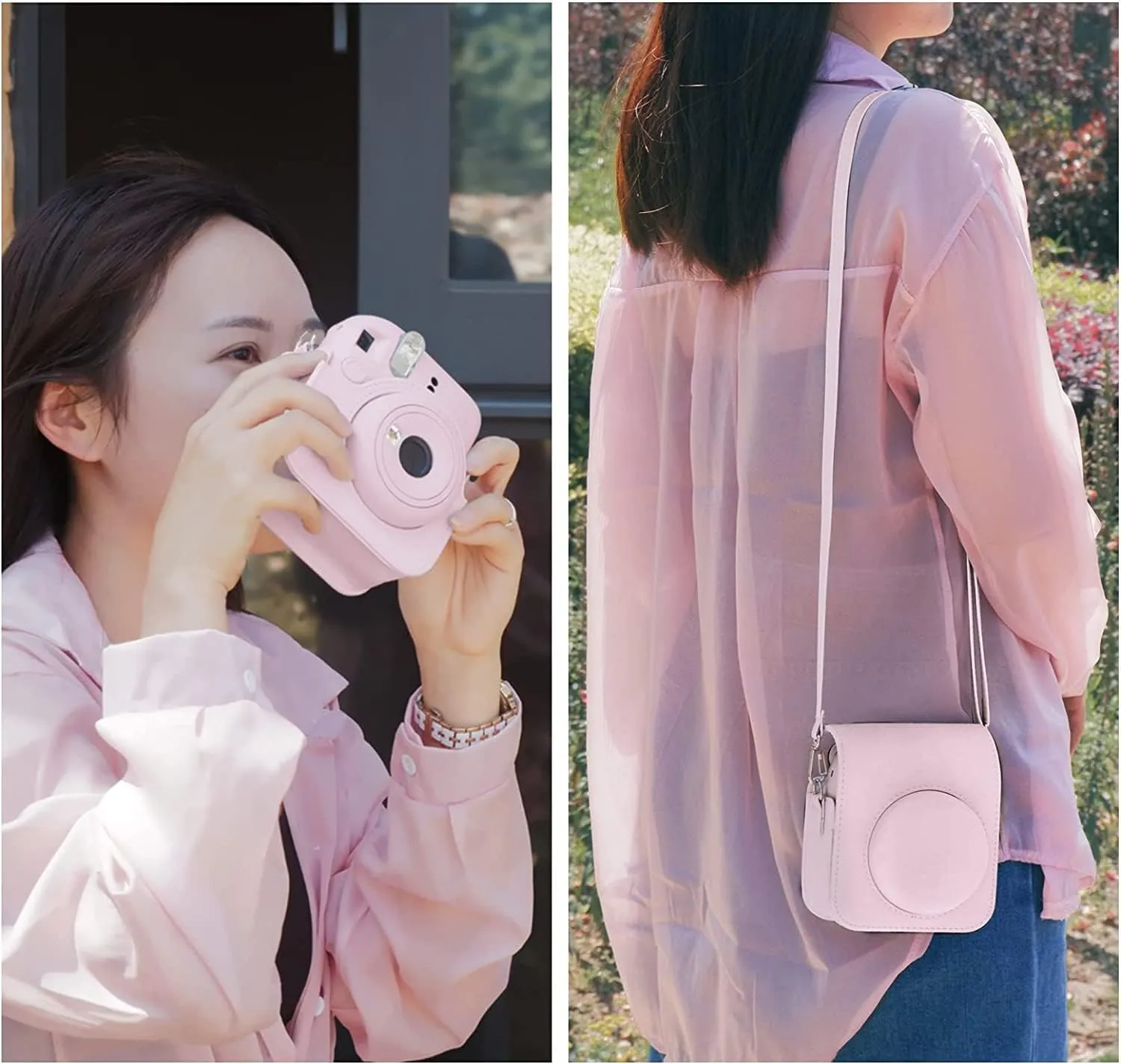 MUZIRI KINOKOO Case for Fuji Instax Mini 12 Instant Camera - PU Leather Fuji Mini 12 Camera Case Bag with Photo Pocket - In stax Mini 12 Case Adjustable Shoulder Strap - Blossom Pink