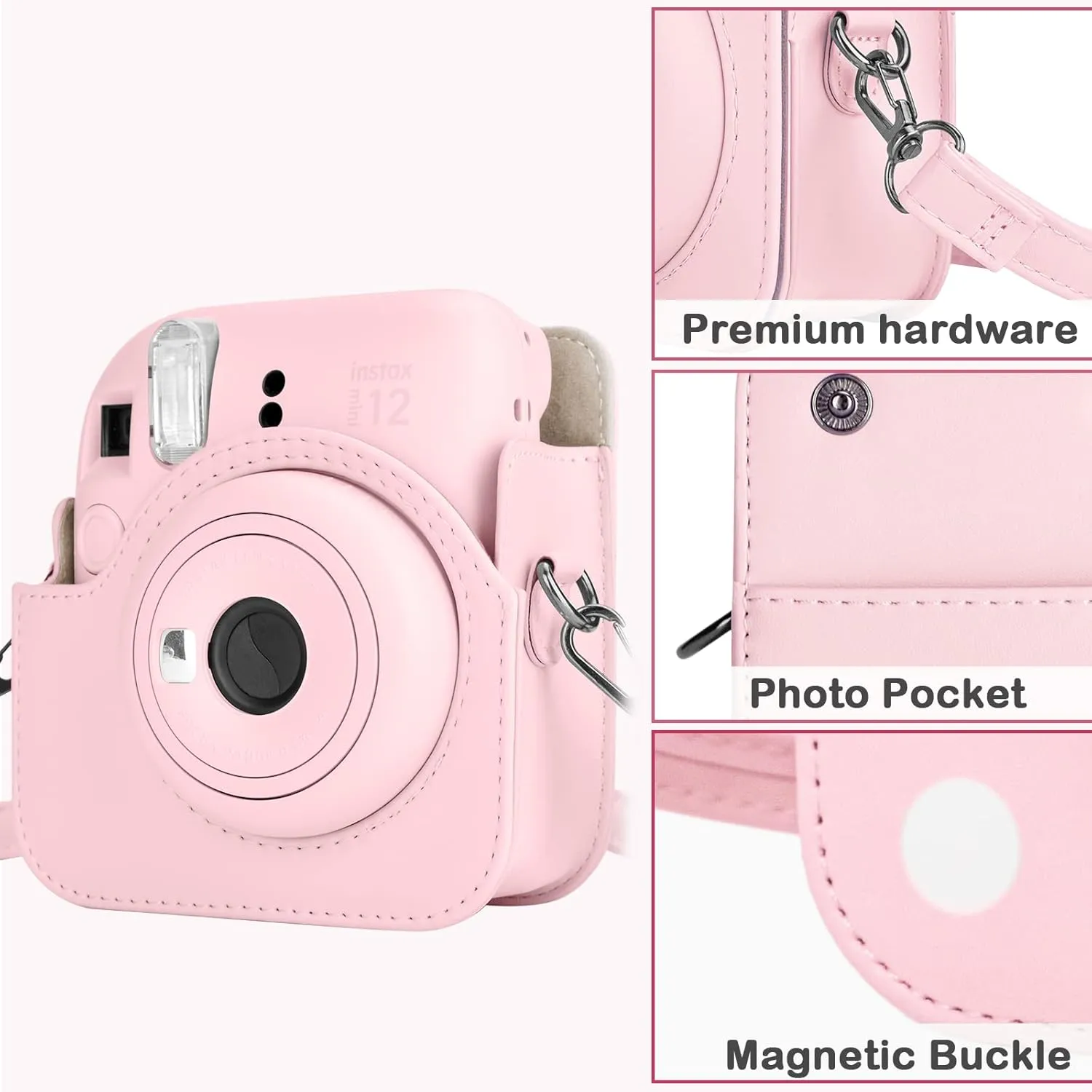MUZIRI KINOKOO Case for Fuji Instax Mini 12 Instant Camera - PU Leather Fuji Mini 12 Camera Case Bag with Photo Pocket - In stax Mini 12 Case Adjustable Shoulder Strap - Blossom Pink