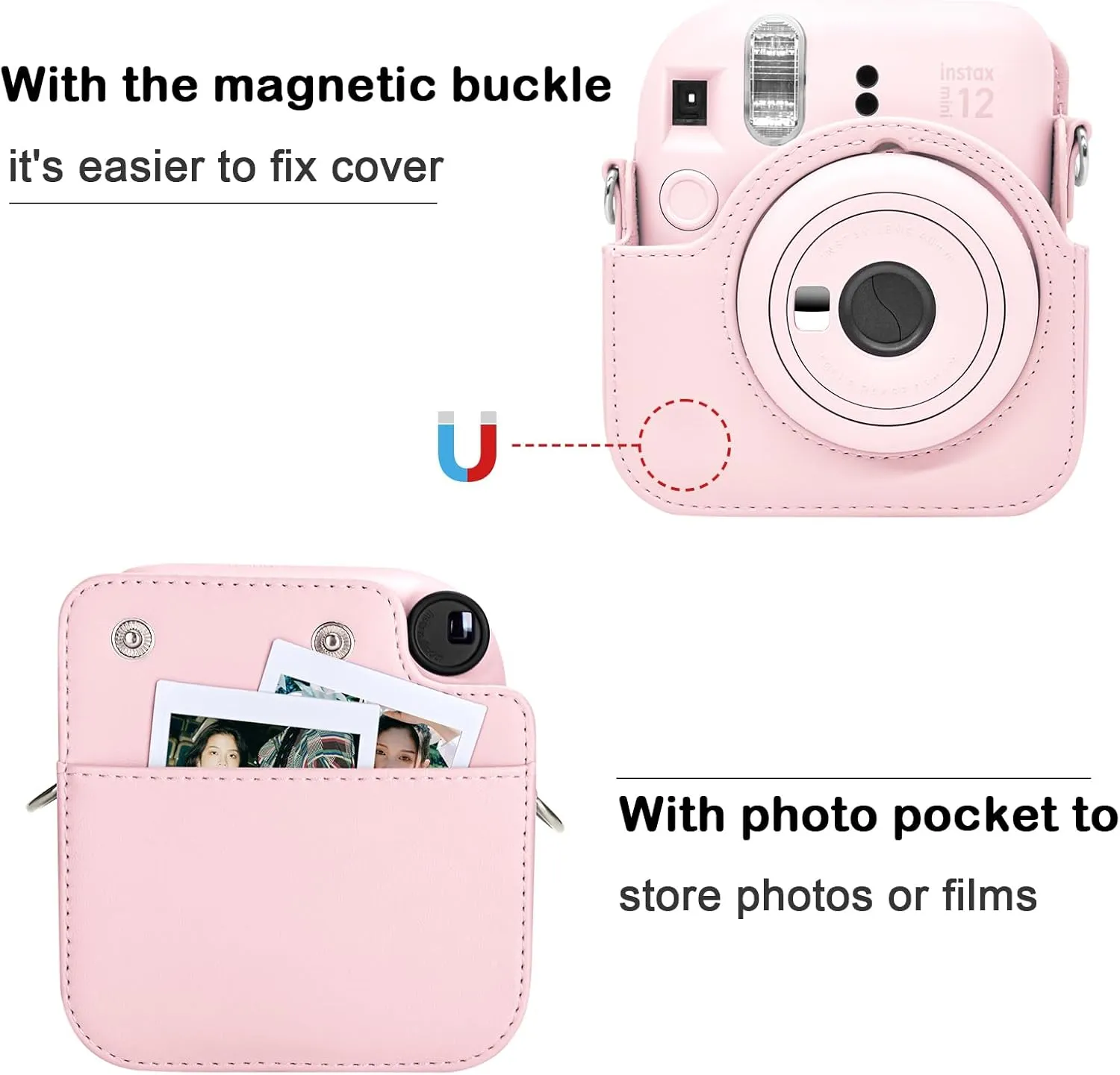 MUZIRI KINOKOO Case for Fuji Instax Mini 12 Instant Camera - PU Leather Fuji Mini 12 Camera Case Bag with Photo Pocket - In stax Mini 12 Case Adjustable Shoulder Strap - Blossom Pink