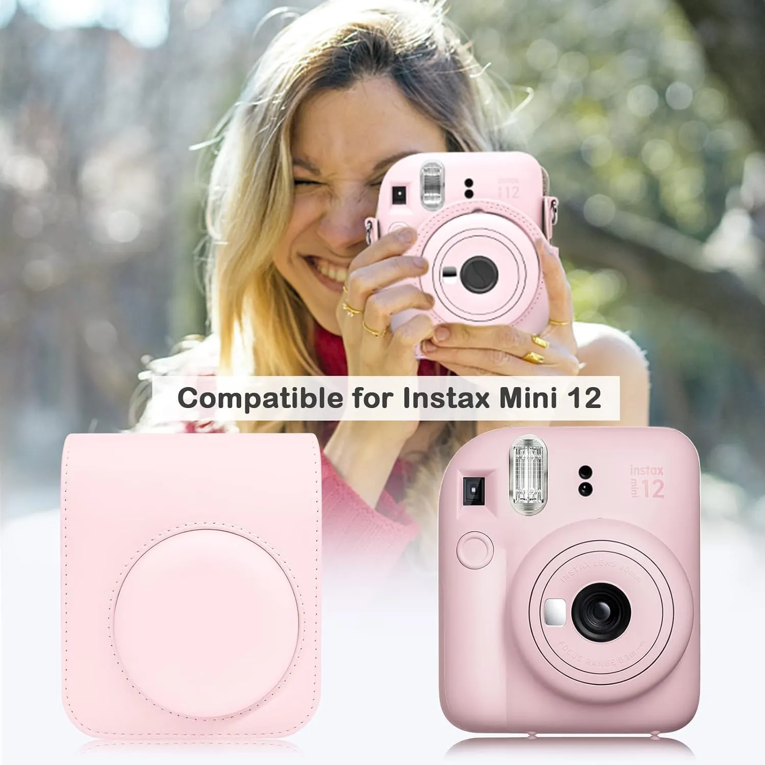 MUZIRI KINOKOO Case for Fuji Instax Mini 12 Instant Camera - PU Leather Fuji Mini 12 Camera Case Bag with Photo Pocket - In stax Mini 12 Case Adjustable Shoulder Strap - Blossom Pink