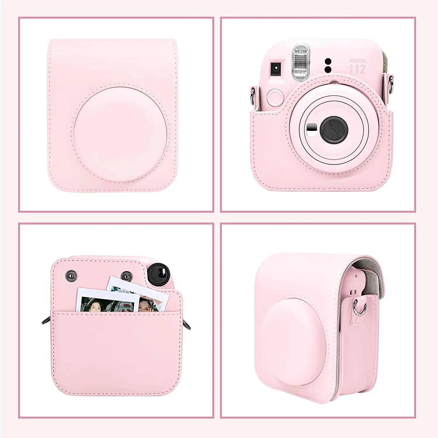 MUZIRI KINOKOO Case for Fuji Instax Mini 12 Instant Camera - PU Leather Fuji Mini 12 Camera Case Bag with Photo Pocket - In stax Mini 12 Case Adjustable Shoulder Strap - Blossom Pink
