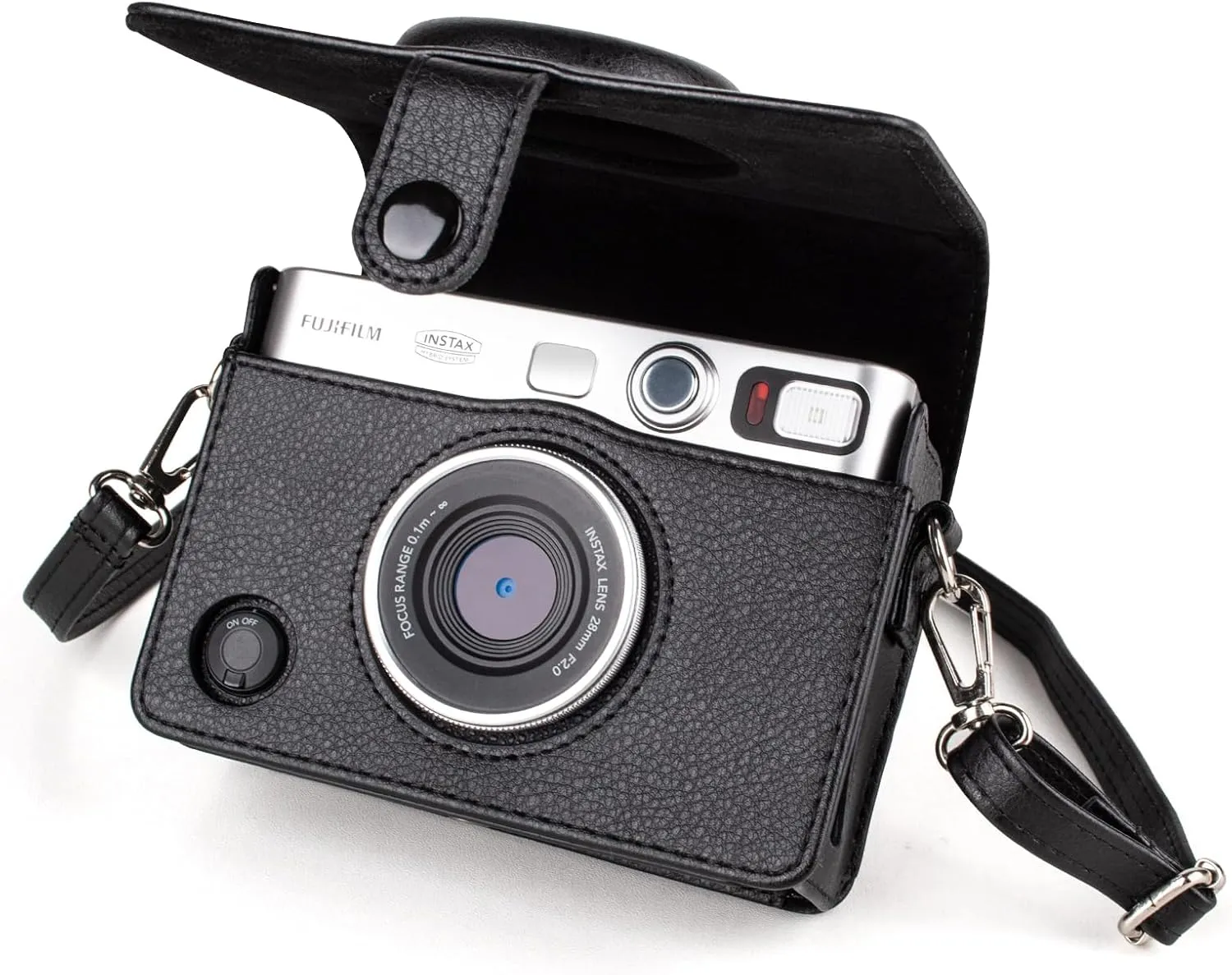 MUZIRI KINOKOO Protective Case for Instax Mini EVO Instant Camera - Lychee Texture Premium PU Leather Fuji Mini EVO Camera Case with Adjustable Shoulder Strap & Precise Open Hole for Charging - Black
