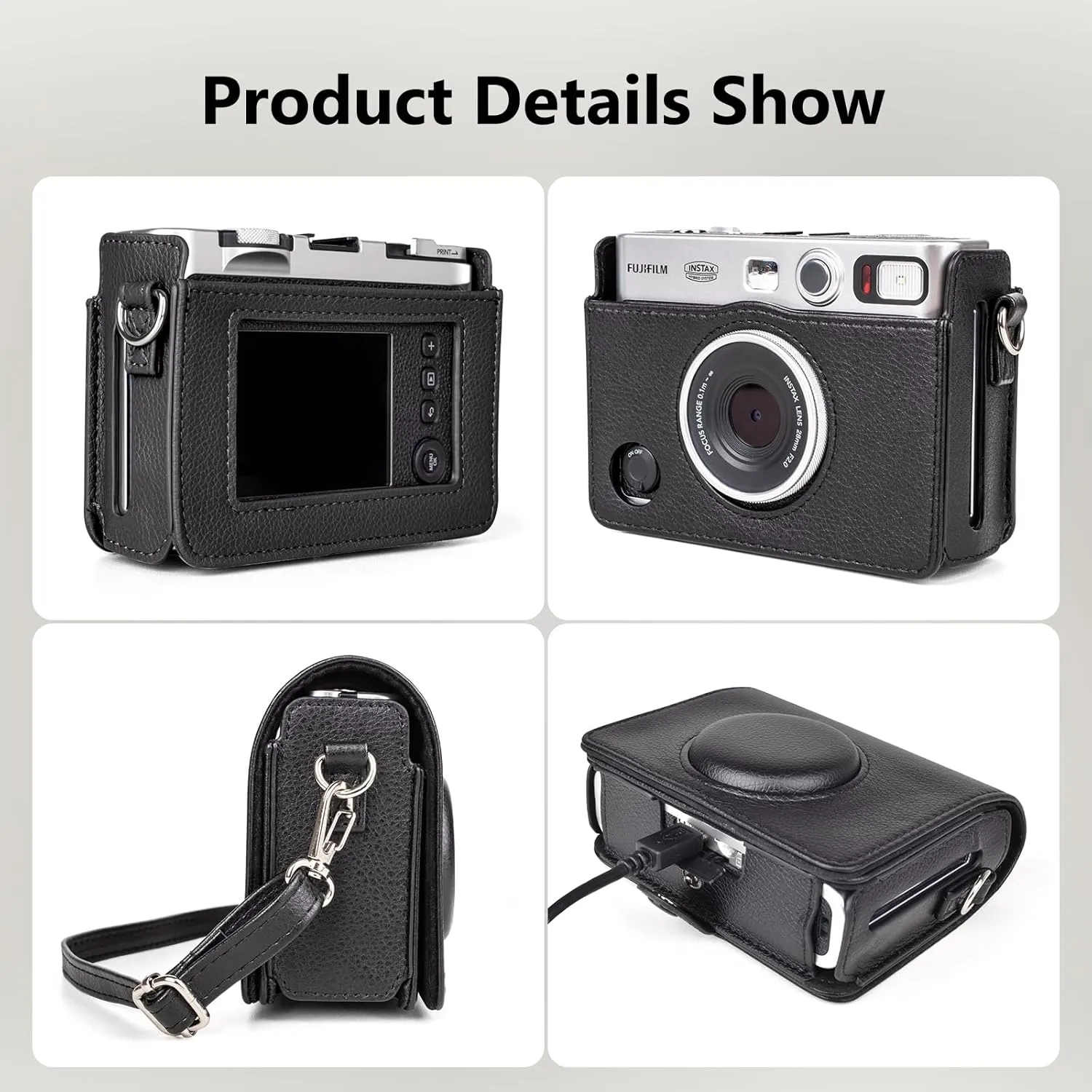 MUZIRI KINOKOO Protective Case for Instax Mini EVO Instant Camera - Lychee Texture Premium PU Leather Fuji Mini EVO Camera Case with Adjustable Shoulder Strap & Precise Open Hole for Charging - Black