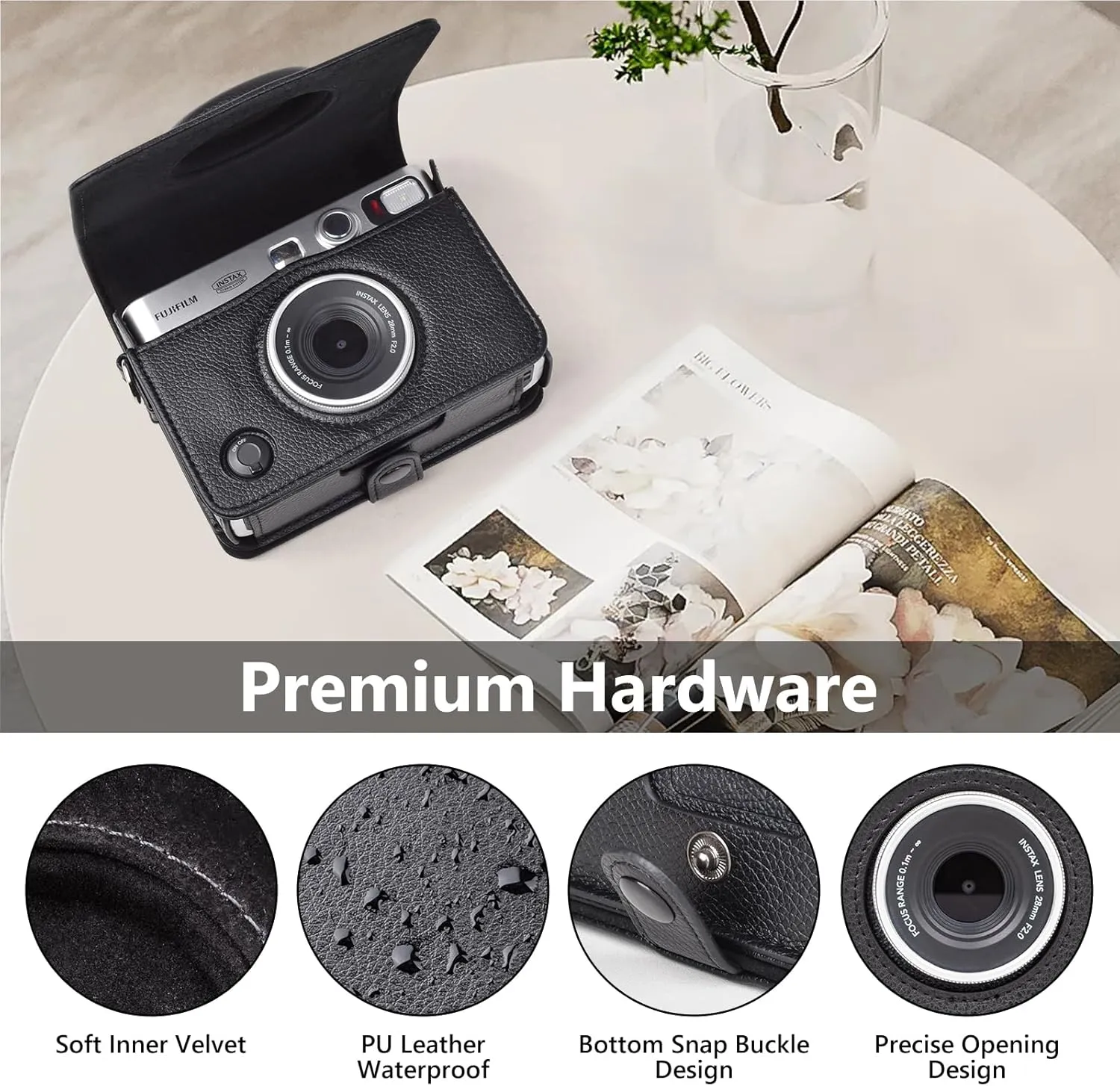 MUZIRI KINOKOO Protective Case for Instax Mini EVO Instant Camera - Lychee Texture Premium PU Leather Fuji Mini EVO Camera Case with Adjustable Shoulder Strap & Precise Open Hole for Charging - Black