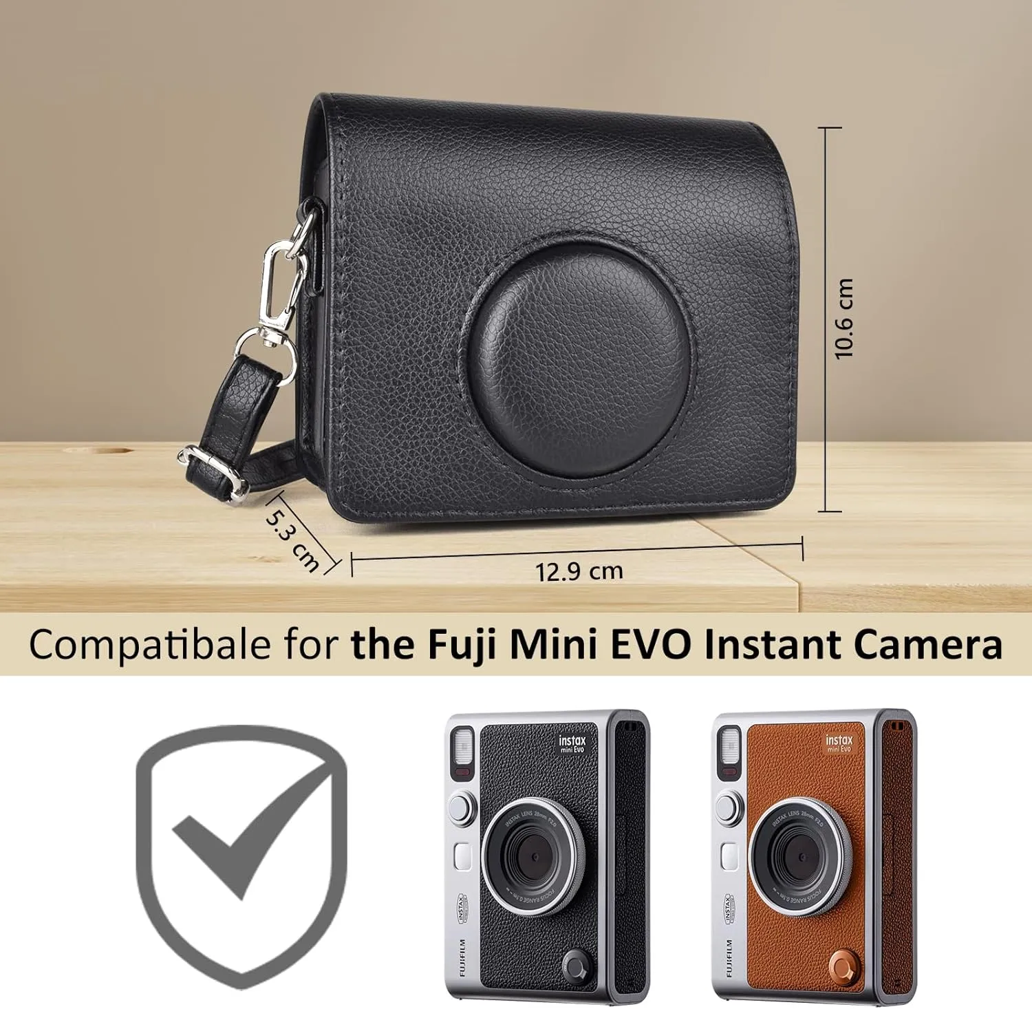 MUZIRI KINOKOO Protective Case for Instax Mini EVO Instant Camera - Lychee Texture Premium PU Leather Fuji Mini EVO Camera Case with Adjustable Shoulder Strap & Precise Open Hole for Charging - Black