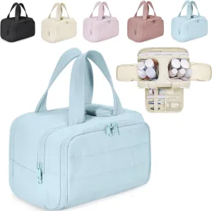 Naturaltly Large Capacity Wide-Open Travel Cosmetic Bag, Humidity Travel Cosmetic Bag, Puffy Cosmetic Makeup Bag Organizer with Handle for women Traveling Cosmetic Bags (Bule)