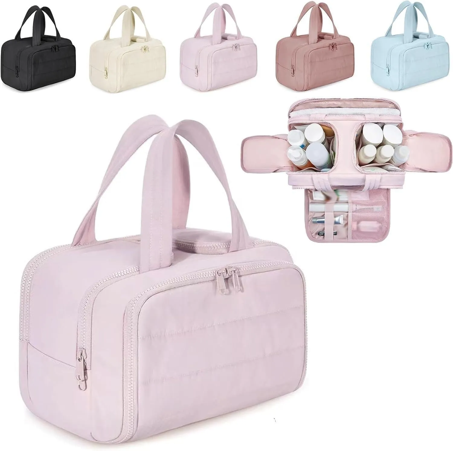 Naturaltly Large Capacity Wide-Open Travel Cosmetic Bag, Humidity Travel Cosmetic Bag, Puffy Cosmetic Makeup Bag Organizer with Handle for women Traveling Cosmetic Bags (Pink)