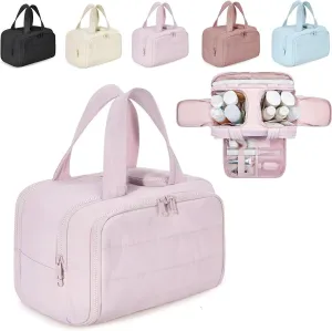 Naturaltly Large Capacity Wide-Open Travel Cosmetic Bag, Humidity Travel Cosmetic Bag, Puffy Cosmetic Makeup Bag Organizer with Handle for women Traveling Cosmetic Bags (Pink)