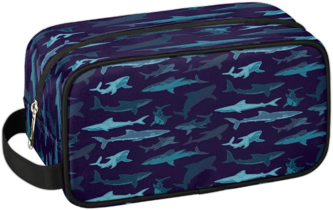 Navy Blue Shark Hanging Toiletry Bag,Travel Hygiene Kits for Boys Mens,Waterproof Makeup Carry-on Bags,Cosmetic Bag,TSA Approved Shave Dopp Kit for Toiletries Shower Bathroom Accessories Gifts